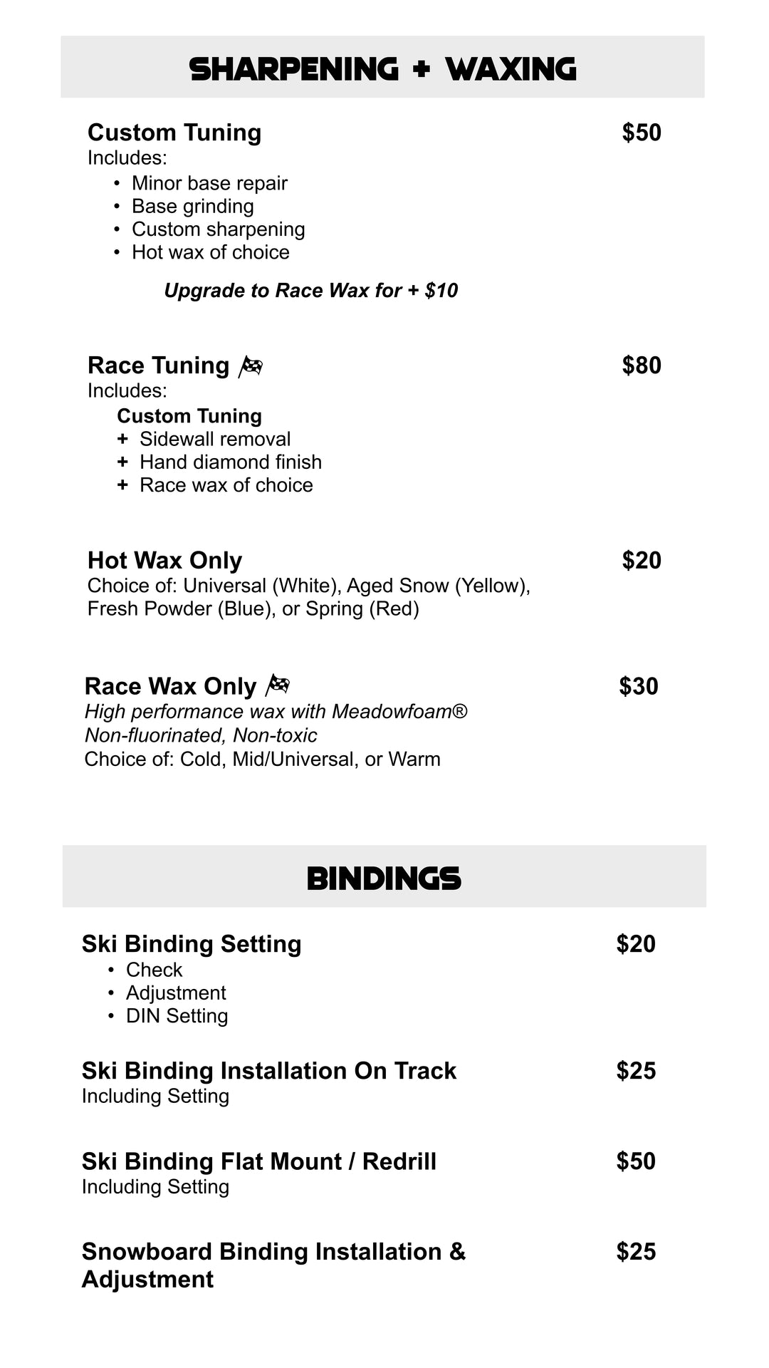Balo Sports Ski & Snowboard Tuning price list